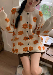 Plus Size Apricot Floral Cotton Knit Sweater Coats Long Sleeve