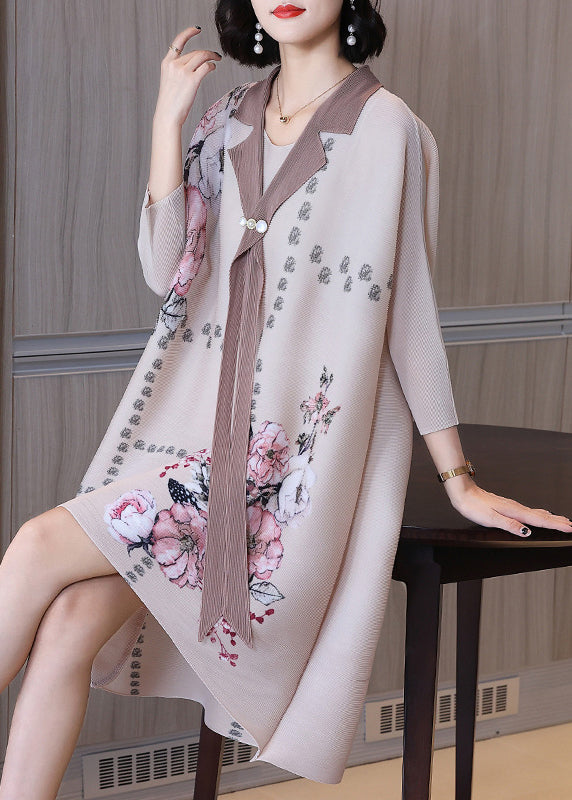 Plus Size Apricot Peter Pan Collar Print Low High Design Maxi Dress Long Sleeve