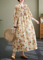 Plus Size Apricot Print Wrinkled Robe Dress Summer