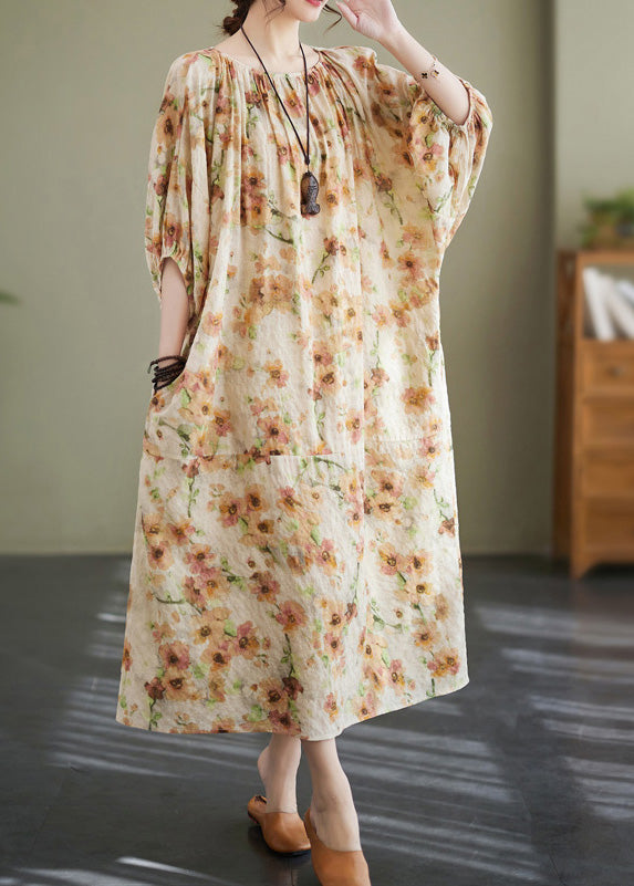 Plus Size Apricot Print Wrinkled Robe Dress Summer