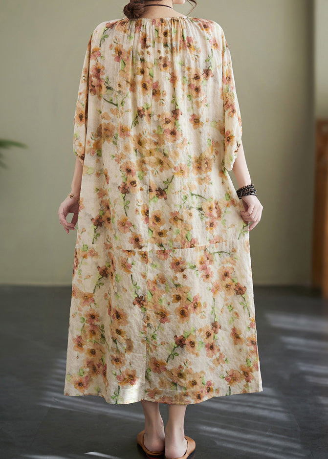 Plus Size Apricot Print Wrinkled Robe Dress Summer