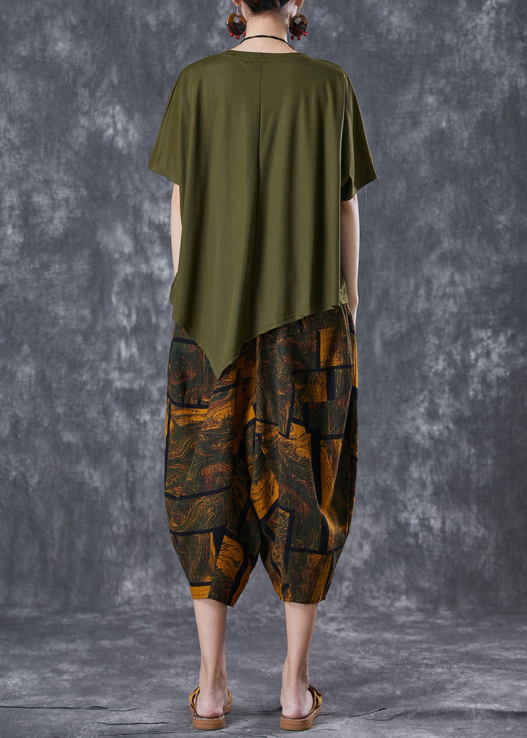 Plus Size Army Green Asymmetrical Print Cotton Two Pieces Set Summer