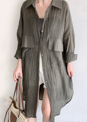 Plus Size Army Green Button Patchwork Cotton Long Top Fall