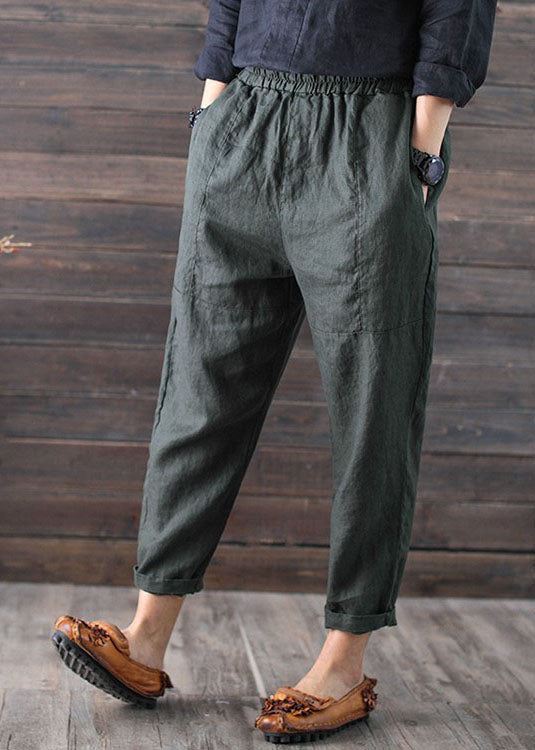 Plus Size Army Green High Waist Patchwork Linen Crop Pants Summer