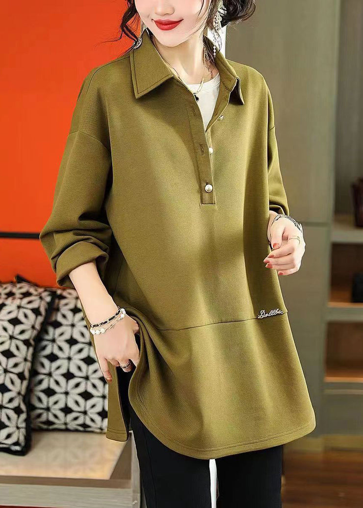 Plus Size Army Green Peter Pan Collar Patchwork Cotton Shirts Fall