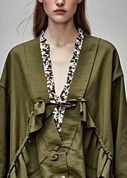 Plus Size Army Green V Neck Patchwork Tie Waist Coats Fall