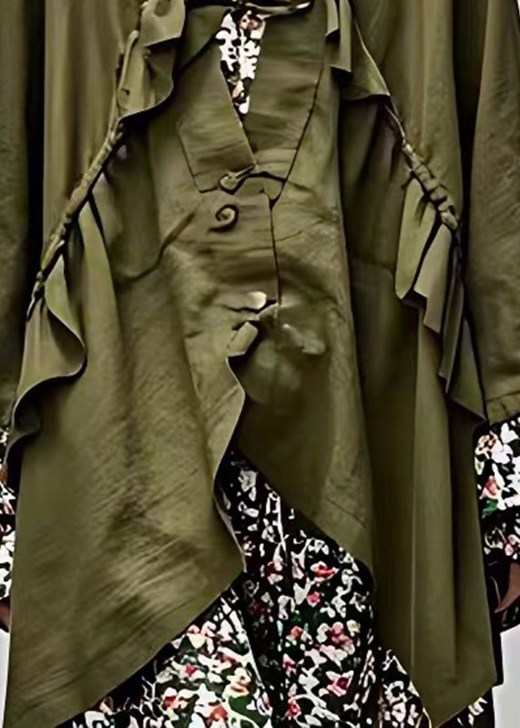 Plus Size Army Green V Neck Patchwork Tie Waist Coats Fall