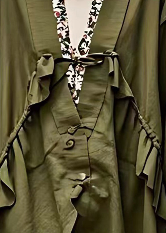 Plus Size Army Green V Neck Patchwork Tie Waist Coats Fall