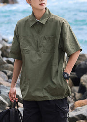 Plus Size Army Green Zip Up Pockets Cotton Mens Polo Shirts Summer