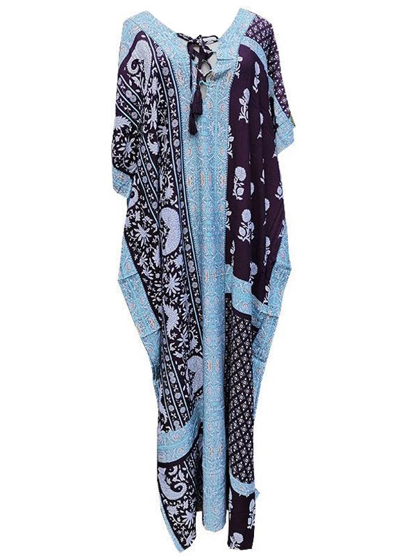 Plus Size Baby Blue V Neck Print Side Open Maxi Holiday Dresses Short Sleeve