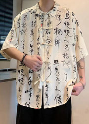 Plus Size Beige Chinese Button Print Ice Silk Men Shirts Half Sleeve