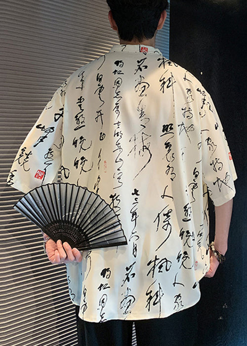Plus Size Beige Chinese Button Print Ice Silk Men Shirts Half Sleeve