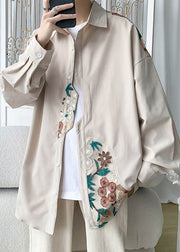 Plus Size Beige Embroidered Button Cotton Neutral Coats Spring