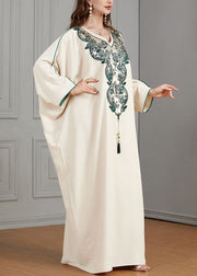 Plus Size Beige Embroidered Tasseled Cotton Dresses Batwing Sleeve