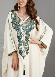 Plus Size Beige Embroidered Tasseled Cotton Dresses Batwing Sleeve