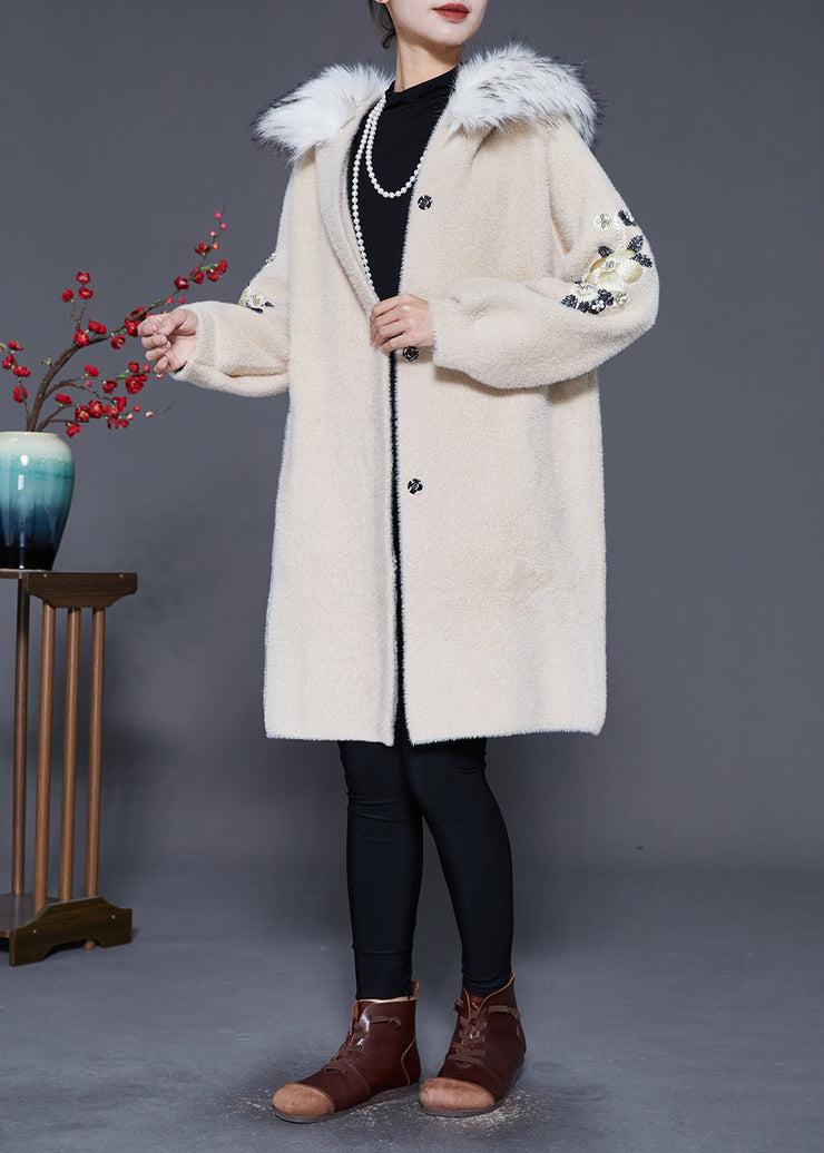 Plus Size Beige Fur Collar Embroideried Faux Fur Trench Winter