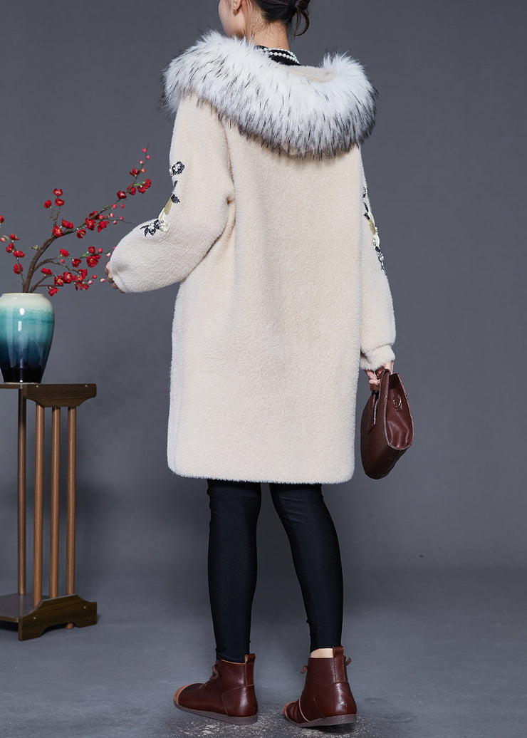 Plus Size Beige Fur Collar Embroideried Faux Fur Trench Winter