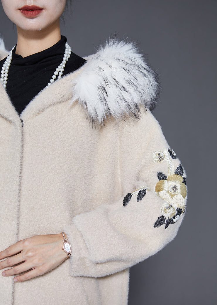 Plus Size Beige Fur Collar Embroideried Faux Fur Trench Winter