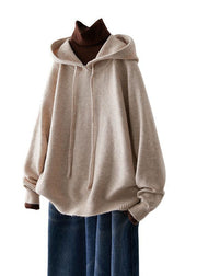 Plus Size Beige Hooded Drawstring Knit Sweatshirts Top Spring