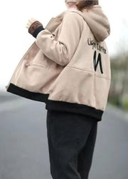 Plus Size Beige Hooded Embroideried Warm Fleece Jacket Winter