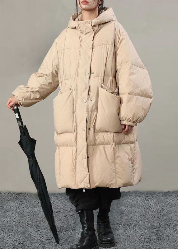 Plus Size Beige Hooded Solid Pockets Duck Down Winter Coats