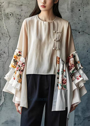 Plus Size Beige O Neck Chinese Button Patchwork Cotton Tops Summer