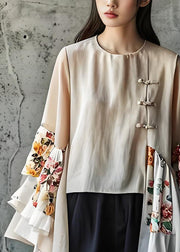 Plus Size Beige O Neck Chinese Button Patchwork Cotton Tops Summer