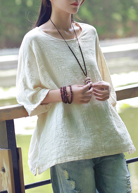 Plus Size Beige O-Neck Cotton Linen Top Half Sleeve