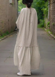 Plus Size Beige O-Neck Drawstring Patchwork Maxi Dress Bracelet Sleeve