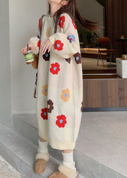 Plus Size Beige O Neck Floral Long Knit Sweaters Dress Winter