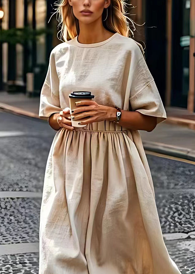 Plus Size Beige O Neck Wrinkled Patchwork Linen Dress Summer