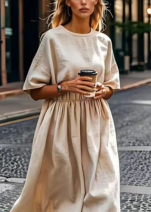Plus Size Beige O Neck Wrinkled Patchwork Linen Dress Summer