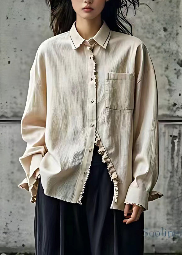 Plus Size Beige Peter Pan Collar Button Shirt Long Sleeve