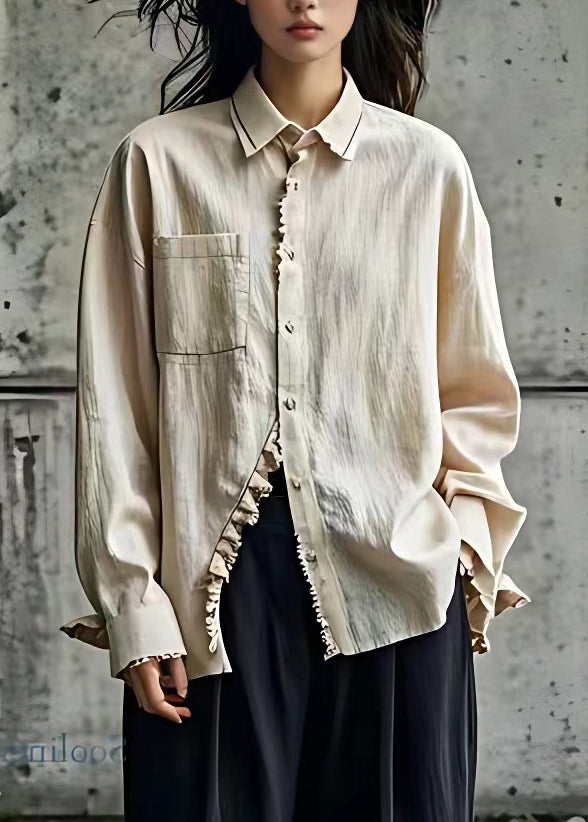 Plus Size Beige Peter Pan Collar Button Shirt Long Sleeve