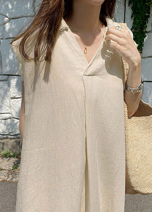 Plus Size Beige Peter Pan Collar Solid Long Dress Summer