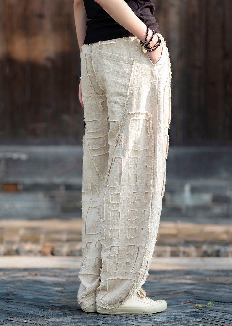 Plus Size Beige Pockets Patchwork Linen Lantern Pants Fall