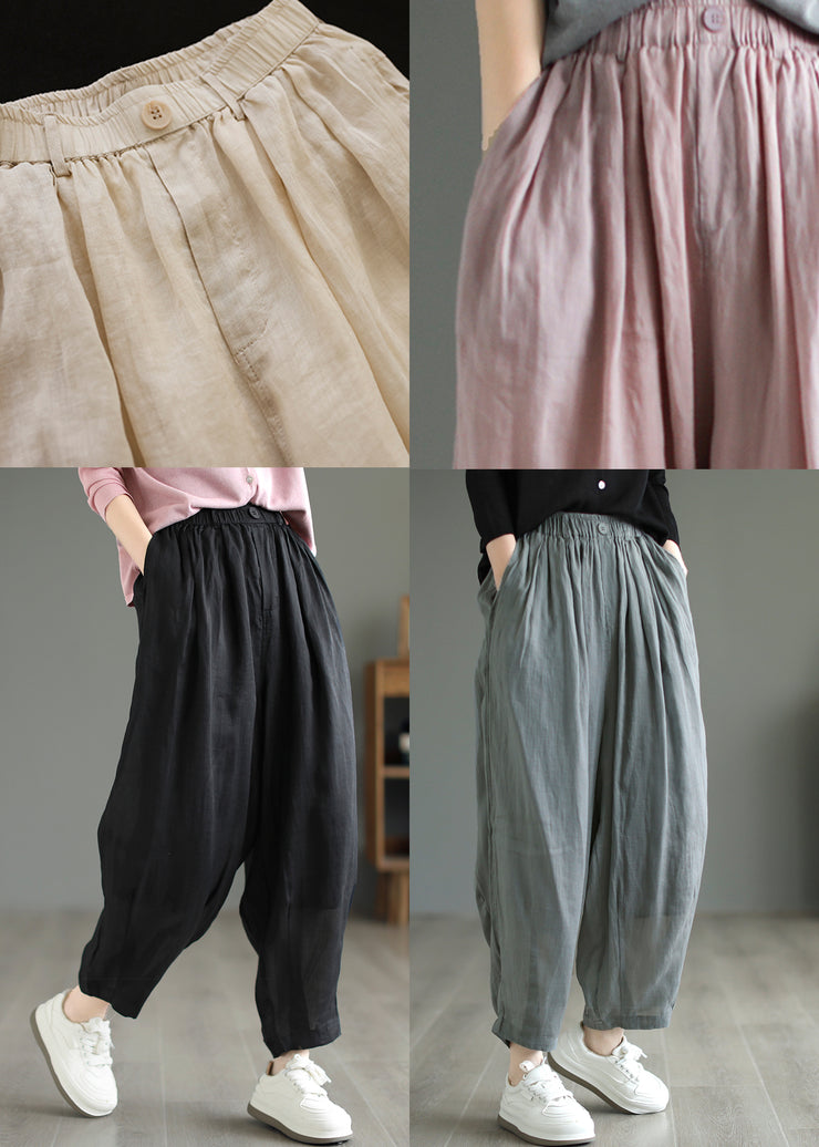 Plus Size Beige Pockets Wrinkled Linen Pants Summer