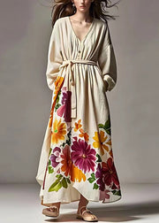 Plus Size Beige Print Pockets Tie Waist Cotton Long Dresses Fall