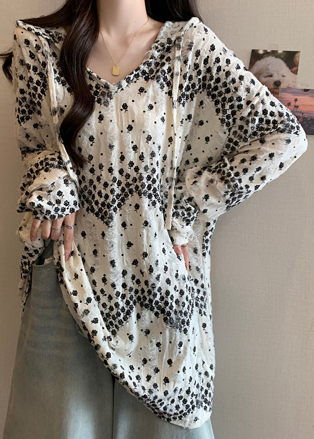 Plus Size Beige Print Zircon Hooded Tops Long Sleeve