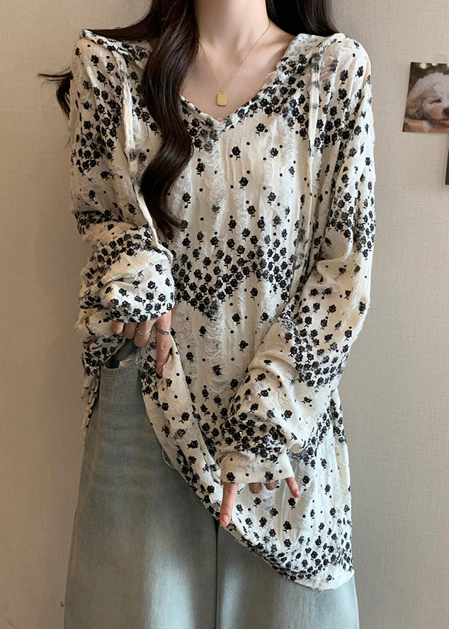 Plus Size Beige Print Zircon Hooded Tops Long Sleeve