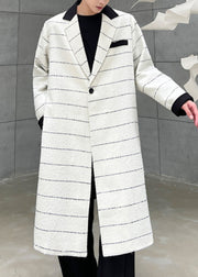 Plus Size Beige Striped Button Pockets Woolen Mens Coats Winter