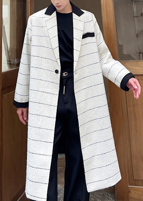 Plus Size Beige Striped Button Pockets Woolen Mens Coats Winter