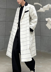 Plus Size Beige Striped Button Pockets Woolen Mens Coats Winter