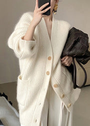 Plus Size Beige V Neck Button Pockets Cotton Knit Coats Fall