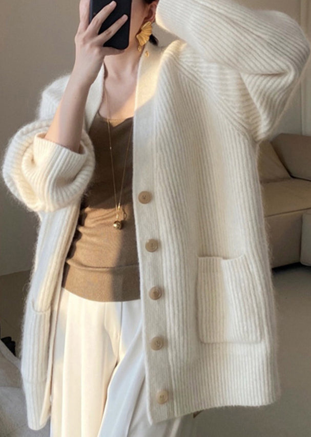 Plus Size Beige V Neck Button Pockets Cotton Knit Coats Fall