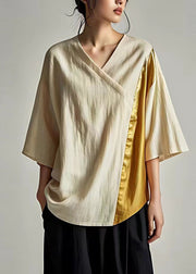 Plus Size Beige V Neck Patchwork Linen Shirt Tops Summer