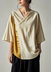 Plus Size Beige V Neck Patchwork Linen Shirt Tops Summer