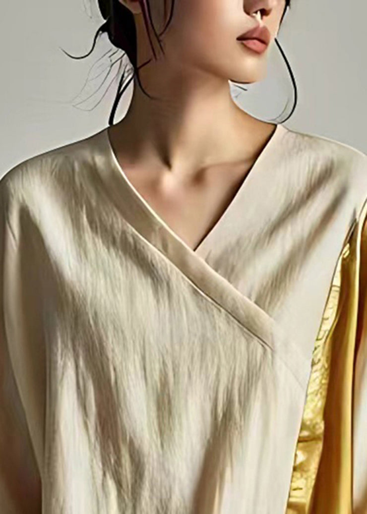 Plus Size Beige V Neck Patchwork Linen Shirt Tops Summer