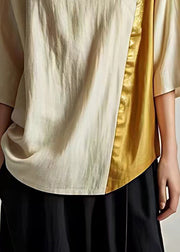 Plus Size Beige V Neck Patchwork Linen Shirt Tops Summer