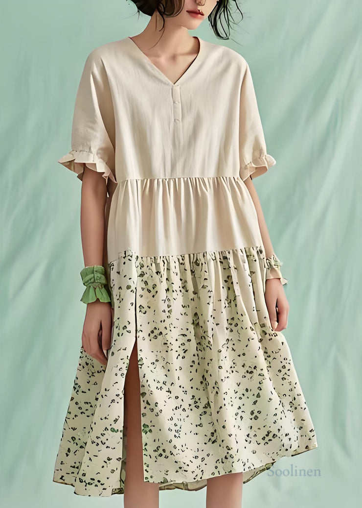 Plus Size Beige V Neck Print Patchwork Cotton Dress Summer